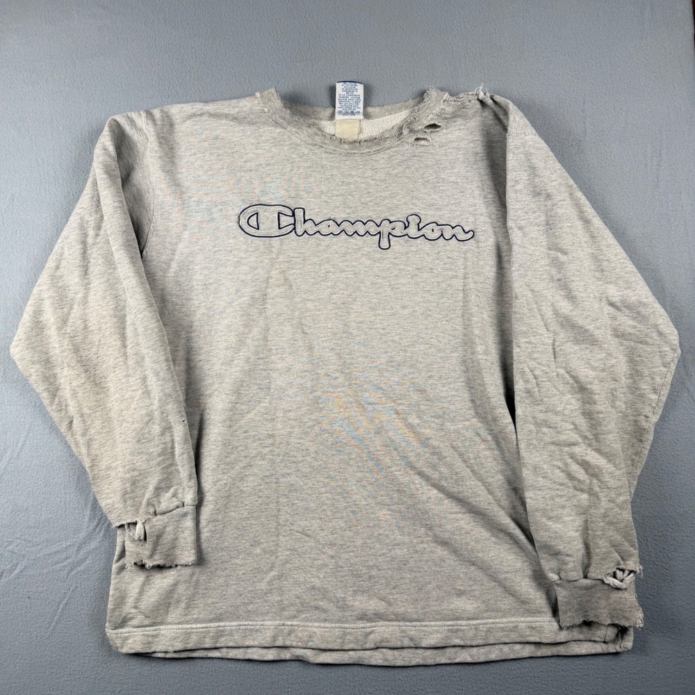Vintage Champion Distressed Sweatshirt Mens XL Gray Embroidered Script Logo